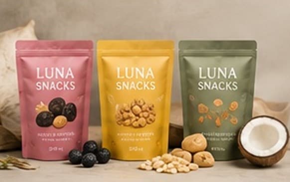 Three Luna Snacks stand-up pouches surrounded by nuts, berries and coconut